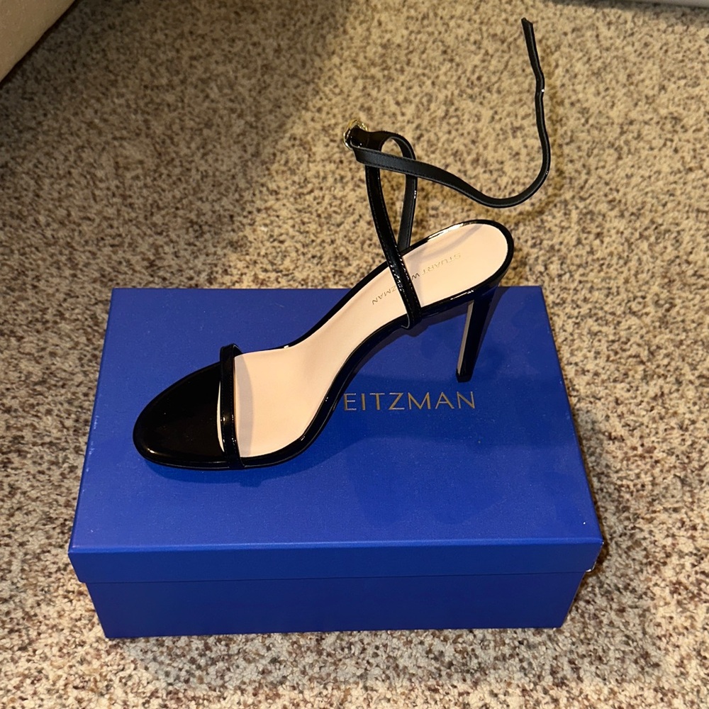 Stuart Weitzman Black Patent Leather Ankle-Strap Stiletto Sandals
